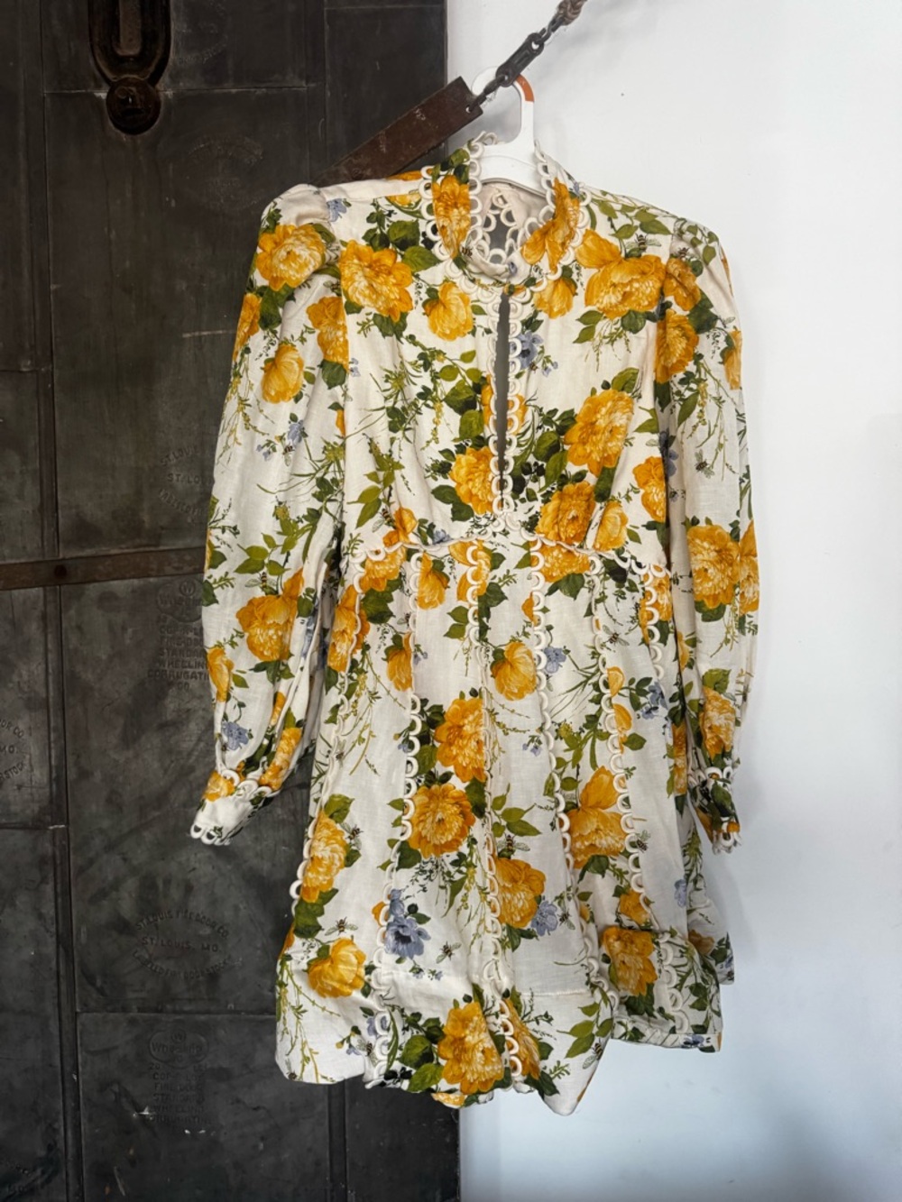 BHLDN White Floral Long Sleeve Mini Dress with Yellow Roses